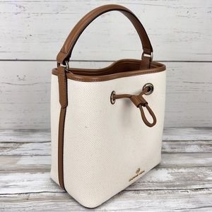 Michael Kors canvas Bucket Handbag Purse Crossbody Messenger Cream Leather Trim